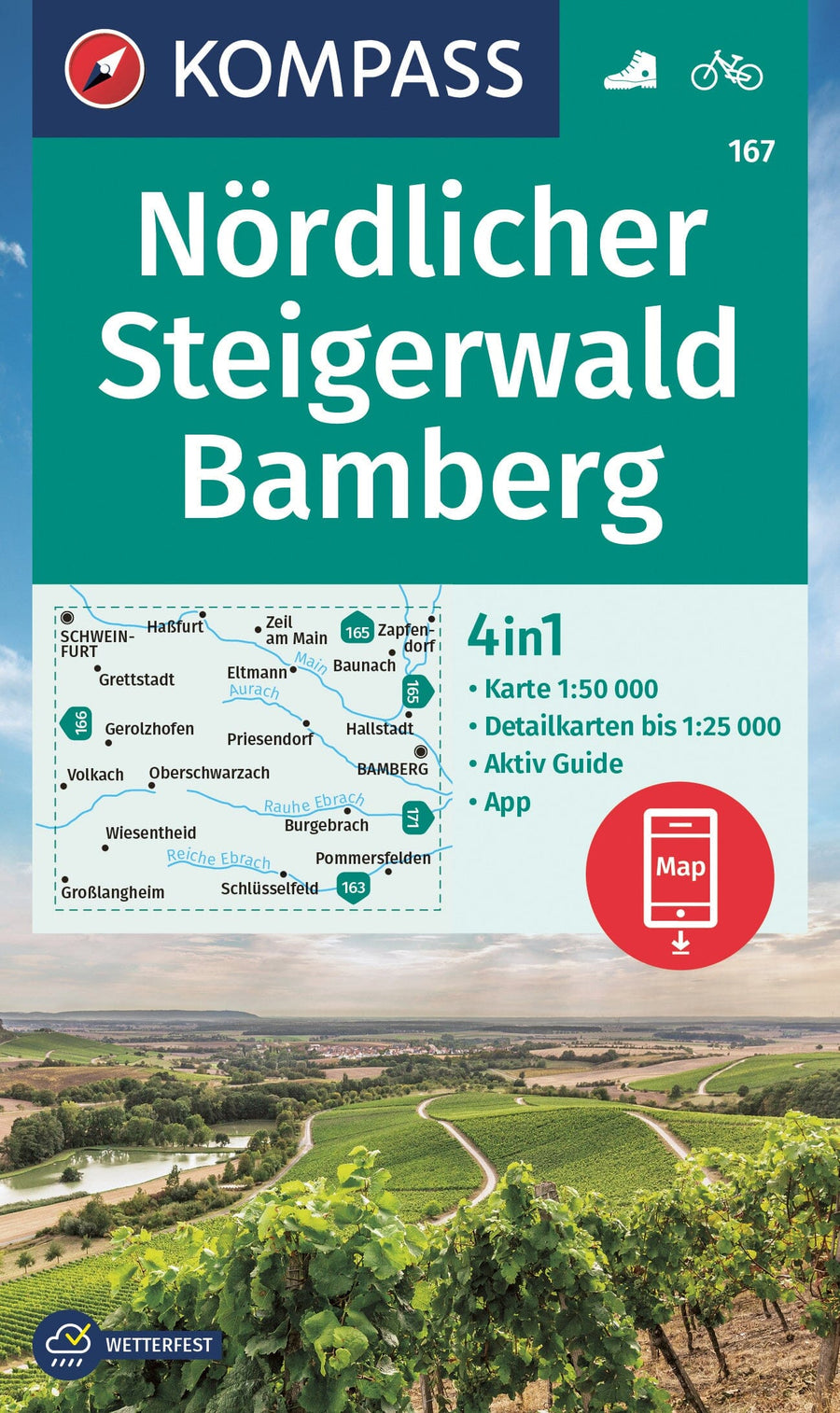 Carte de randonnée n° 167 - Steigerwald Nördlicher, Bamberg + Aktiv Guide (Allemagne) | Kompass carte pliée Kompass 