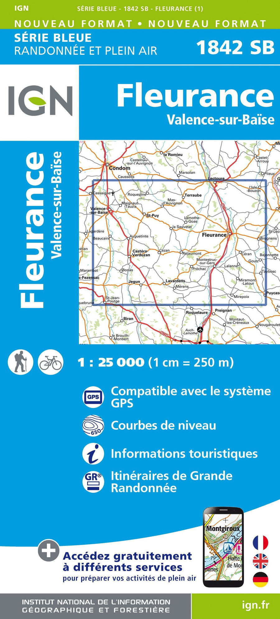 Carte de randonnée n° 1842 - Fleurance, Valence-sur-Baïse | IGN - Série Bleue carte pliée IGN 