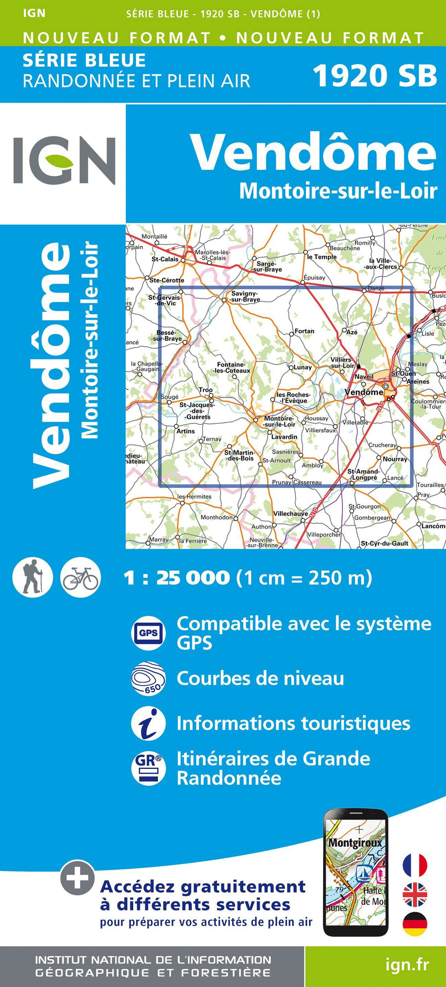 Carte de randonnée n° 1920 - Vendôme, Montoire-sur-le-Loir | IGN - Série Bleue carte pliée IGN 