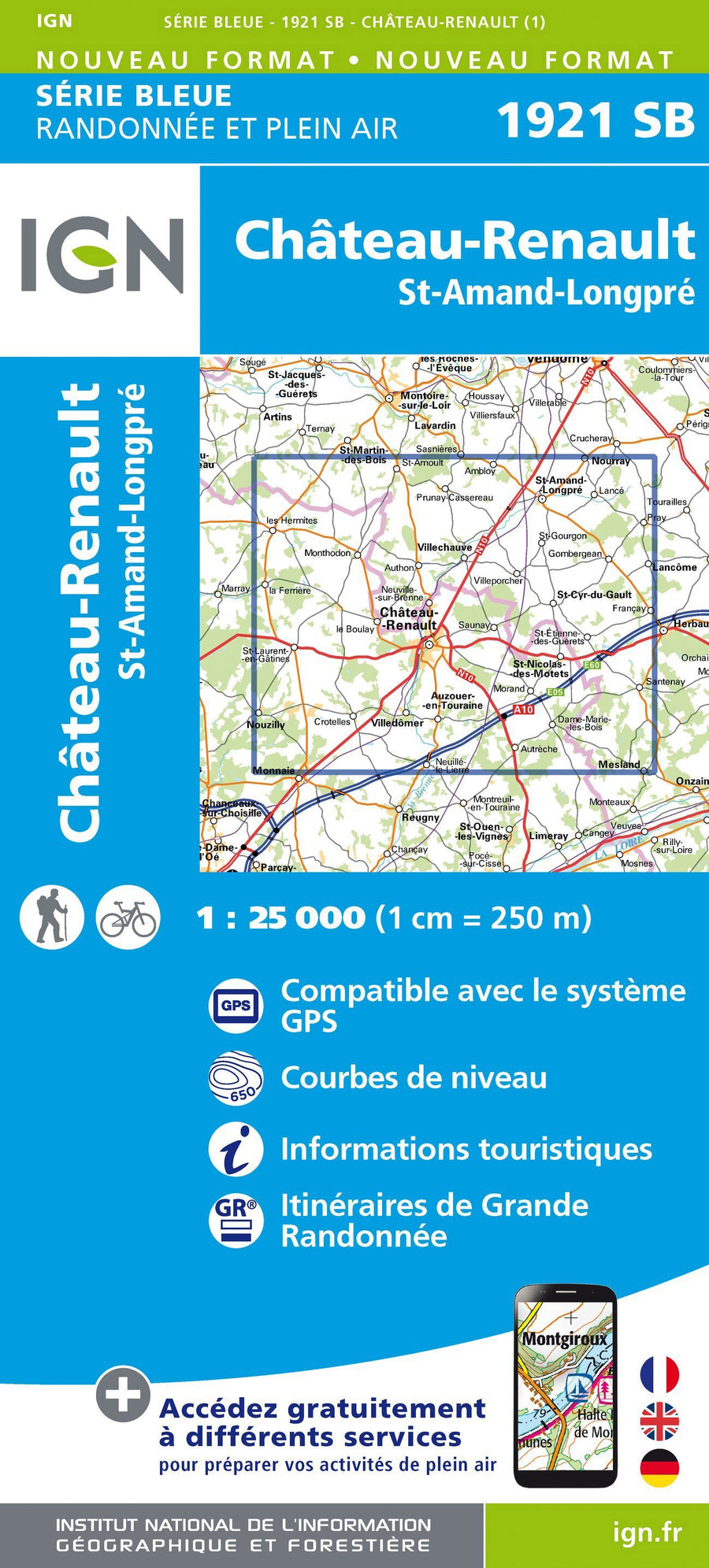 Carte de randonnée n° 1921 - Château-Renault, St-Amand-Longpré | IGN - Série Bleue carte pliée IGN 