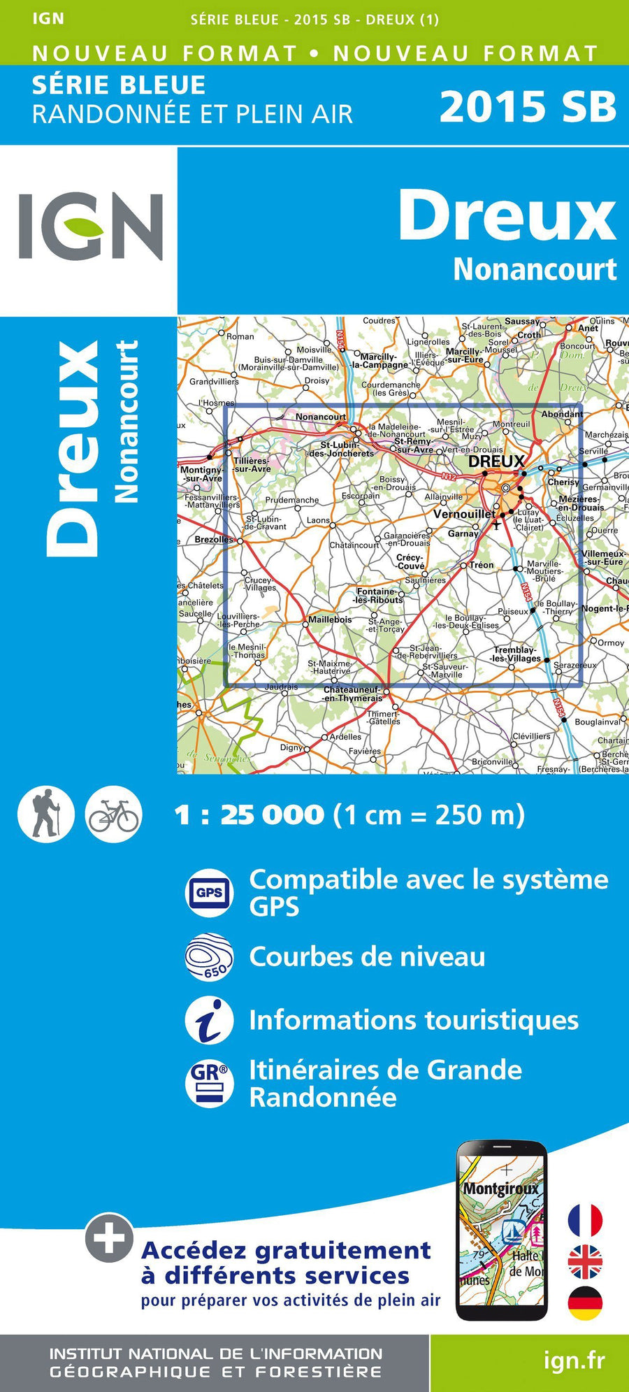 Carte de randonnée n° 2015 - Dreux, Nonancourt | IGN - Série Bleue carte pliée IGN 