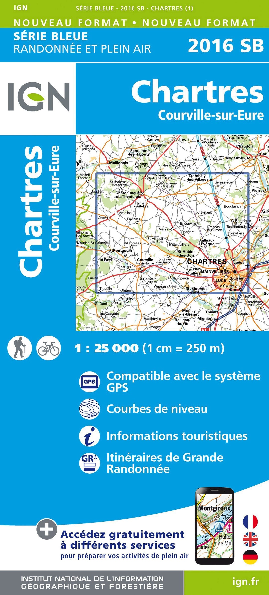 Carte de randonnée n° 2016 - Chartres - Courville-sur Eure | IGN - Série Bleue carte pliée IGN 