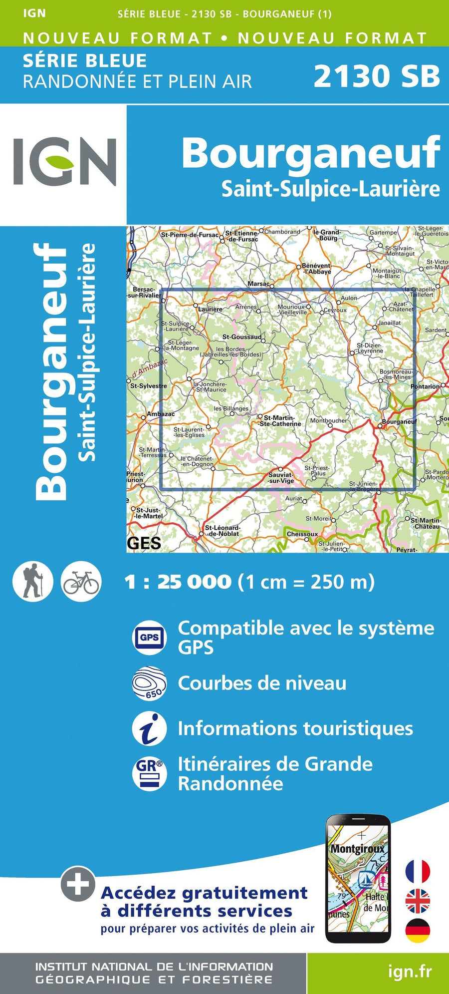 Carte de randonnée n° 2130 - Bourganeuf, St-Sulpice-Laurière | IGN - Série Bleue carte pliée IGN 