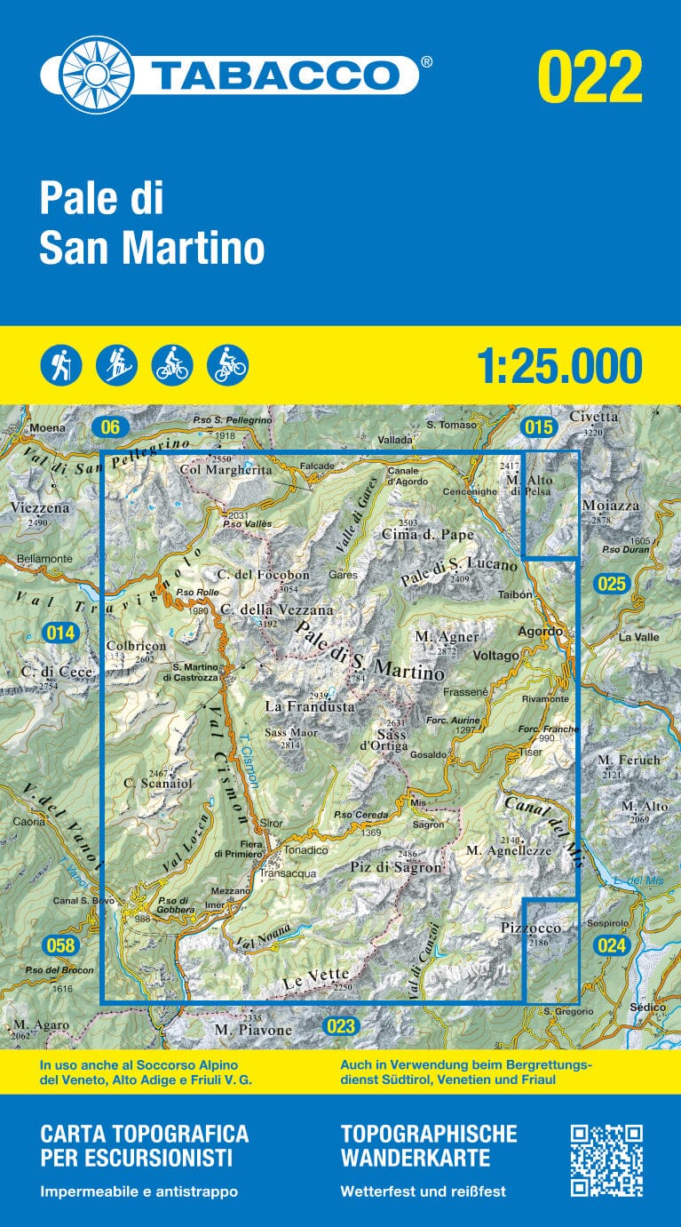 Carte de randonnée n° 22 - Pale San Martino (Dolomites, Italie) | Tabacco carte pliée Tabacco 