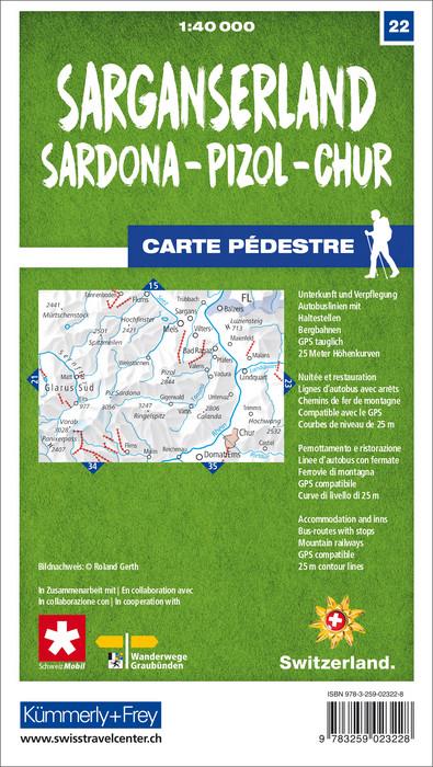 Carte de randonnée n° 22 - Sarganserland, Sardona, Pizol, Chur (Suisse) | Kümmerly & Frey-1/40 000 carte pliée Kümmerly & Frey 