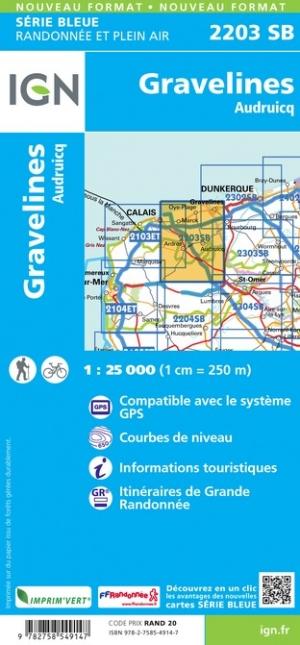 Carte de randonnée n° 2203 - Gravelines, Audruicq | IGN - Série Bleue carte pliée IGN 