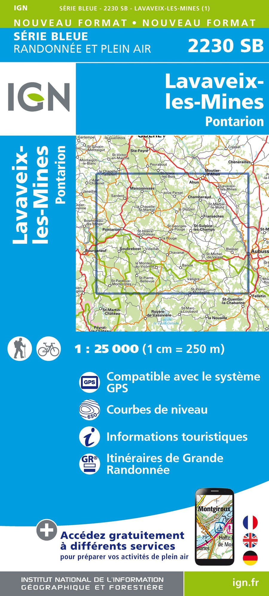 Carte de randonnée n° 2230 - Lavaveix-les-Mines, Pontarion | IGN - Série Bleue carte pliée IGN 
