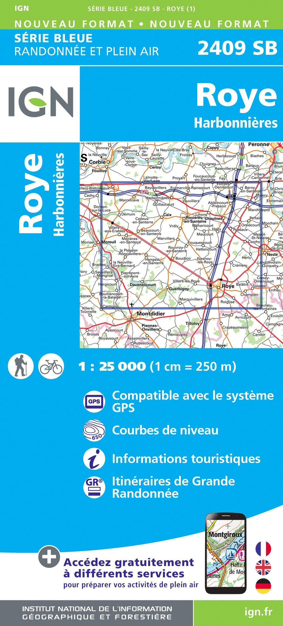 Carte de randonnée n° 2409 - Roye, Harbonnières | IGN - Série Bleue carte pliée IGN 