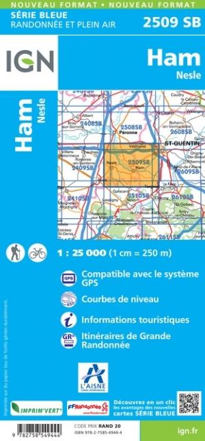 Carte de randonnée n° 2509 - Ham, Nesle | IGN - Série Bleue carte pliée IGN 