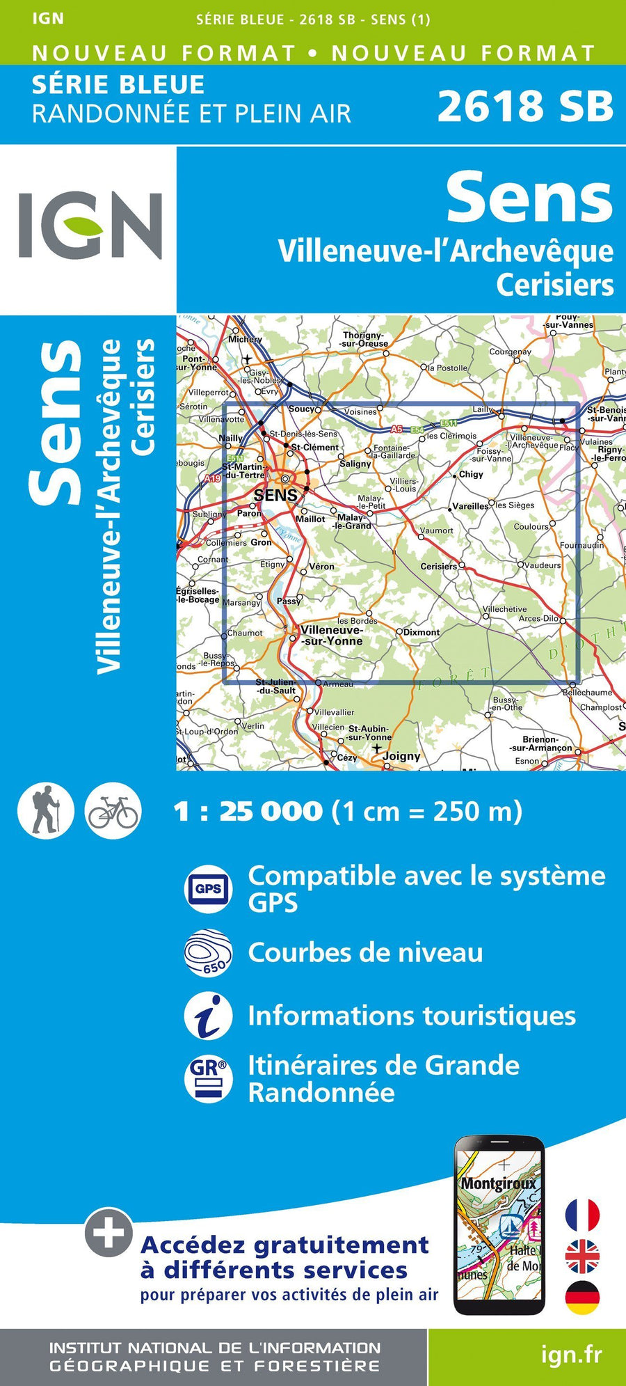 Carte de randonnée n° 2618 - Sens, Villeneuve-L'Archevèque, Cersiers | IGN - Série Bleue carte pliée IGN 
