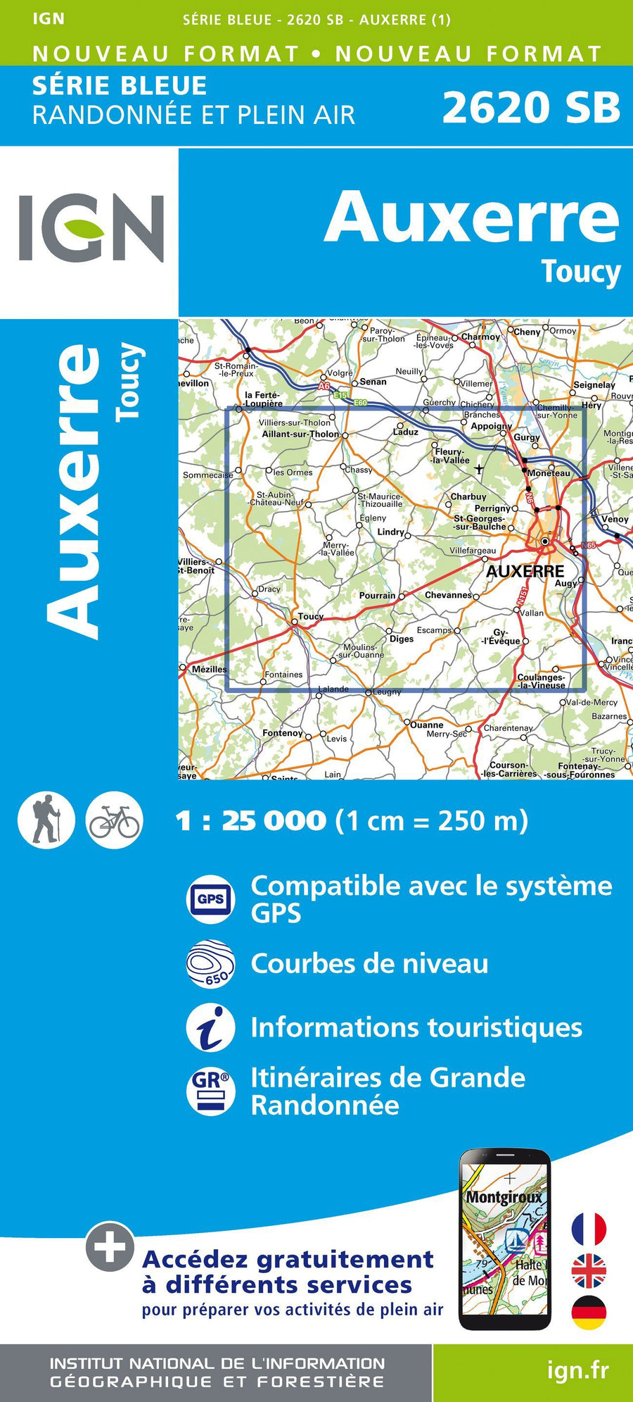 Carte de randonnée n° 2620 - Auxerre - Toucy | IGN - Série Bleue carte pliée IGN 