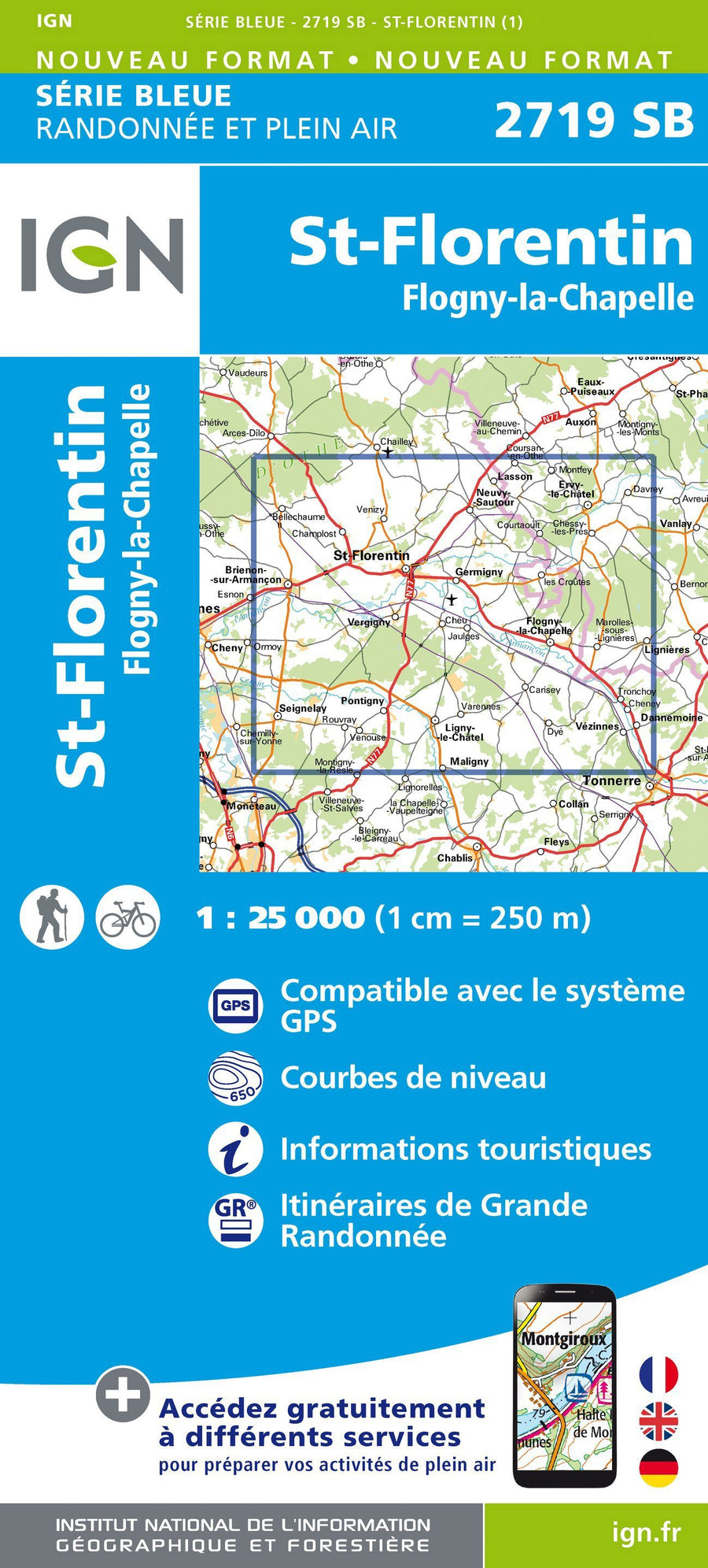Carte de randonnée n° 2719 - Saint-Florentin, Flogny-la-Chapelle | IGN - Série Bleue carte pliée IGN 