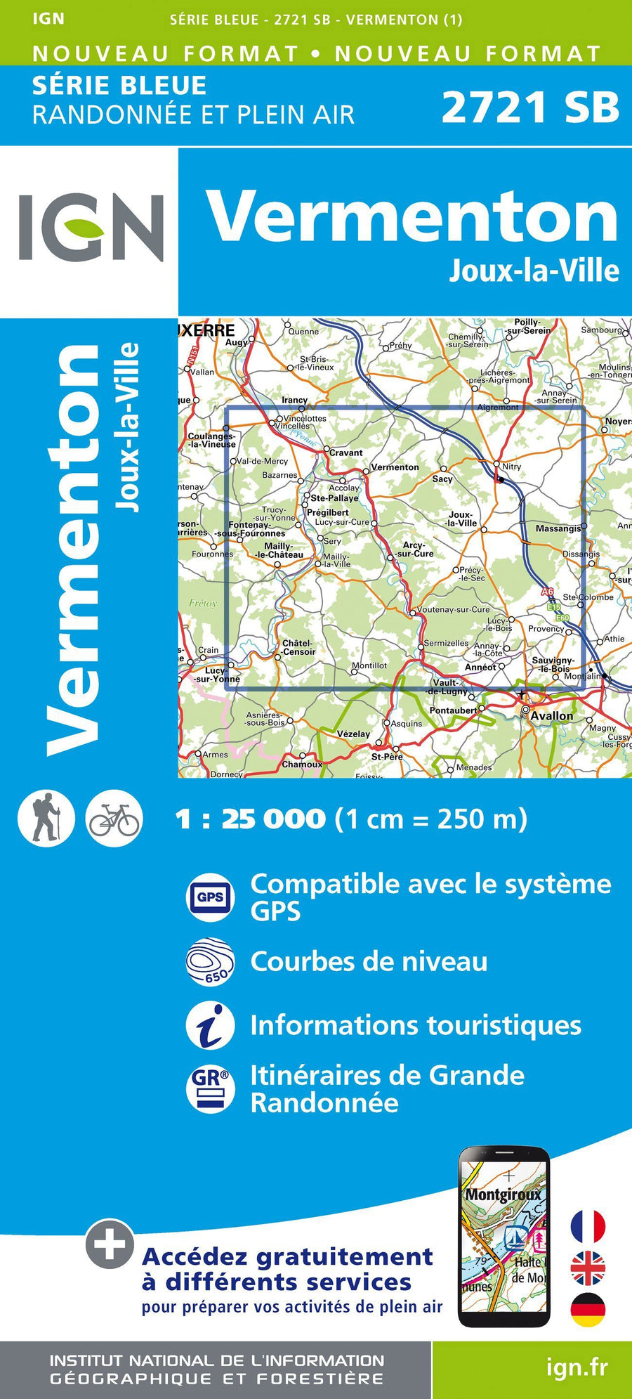 Carte de randonnée n° 2721 - Vermenton, Joux-la-Ville | IGN - Série Bleue carte pliée IGN 