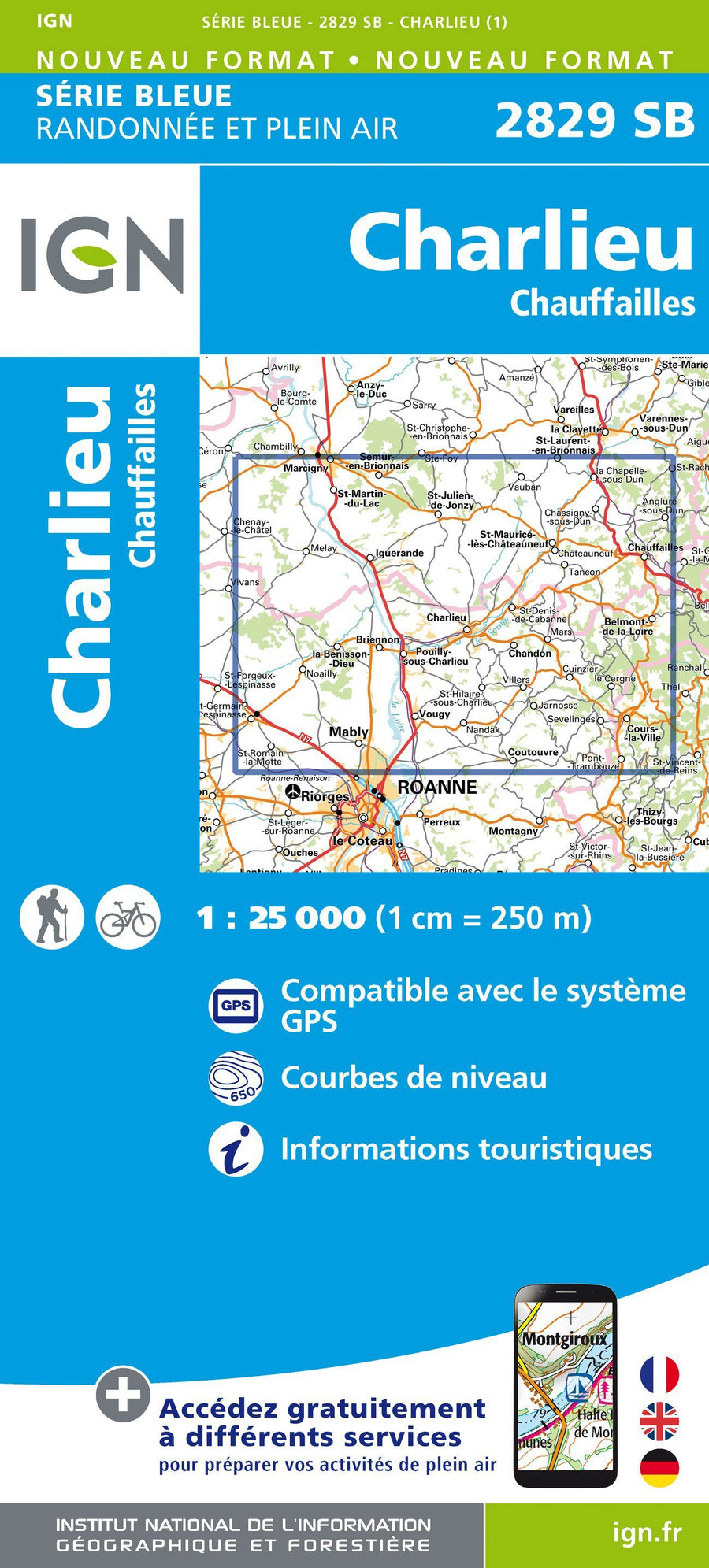 Carte de randonnée n° 2829 - Charlieu, Chauffailles | IGN - Série Bleue carte pliée IGN 