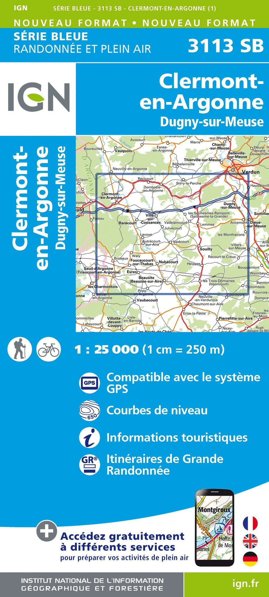 Carte de randonnée n° 3113 - Clermont-en-Argonne, Dugny-sur-Meuse | IGN - Série Bleue carte pliée IGN 