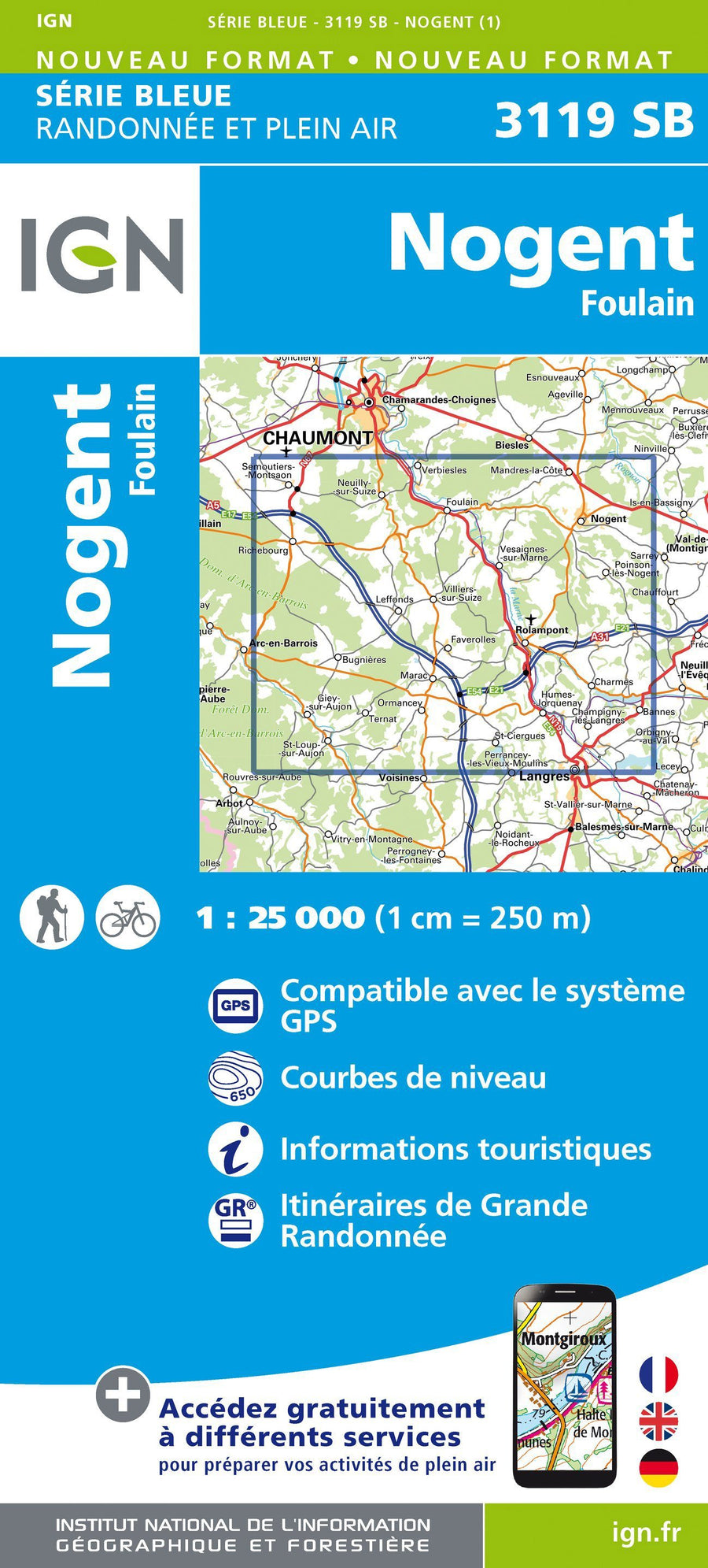 Carte de randonnée n° 3119 - Nogent, Foulain | IGN - Série Bleue carte pliée IGN 