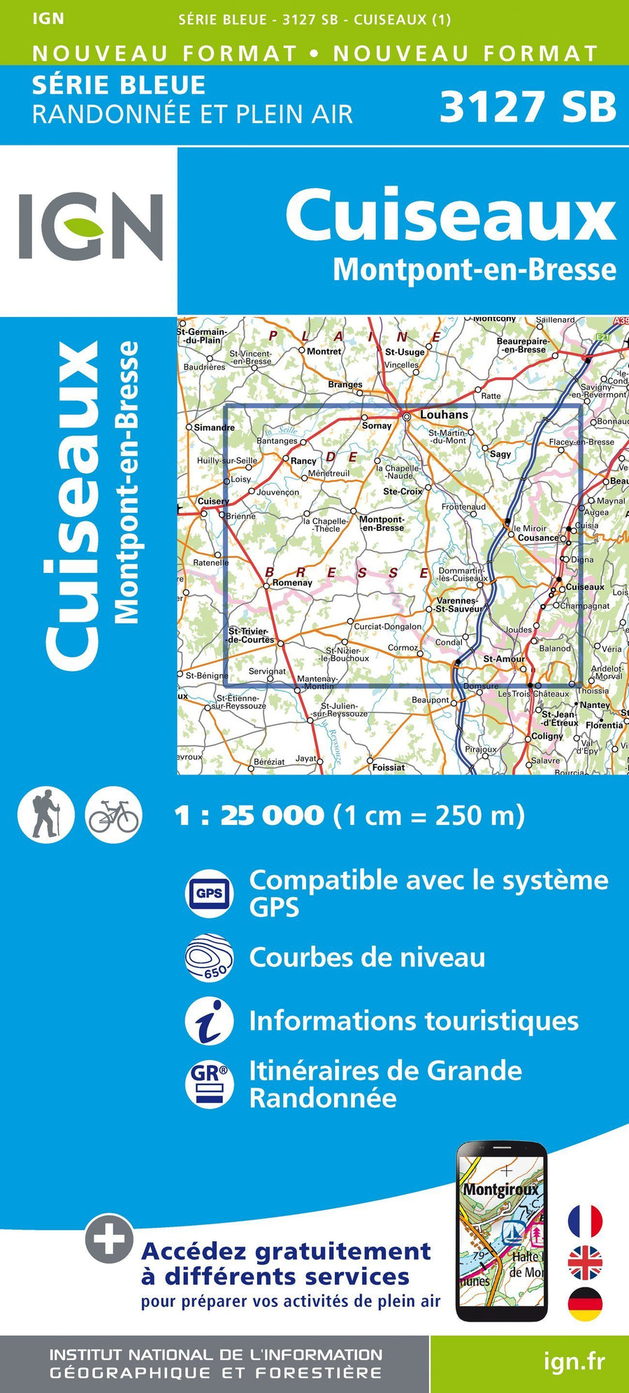 Carte de randonnée n° 3127 - Cuiseaux, Montpont-en-Bresse | IGN - Série Bleue carte pliée IGN 