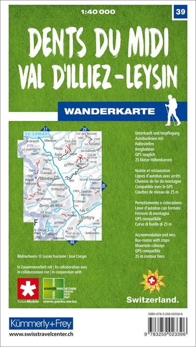 Carte de randonnée n° 39 - Dents du Midi, Val d'Illiez, Leysin (Suisse) | Kümmerly & Frey-1/40 000 carte pliée Kümmerly & Frey 