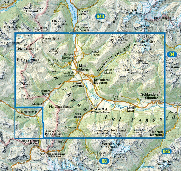 Carte de randonnée n° 44 - Val Vénoste et chaîne de Sesvenna (Italie) | Tabacco carte pliée Tabacco 