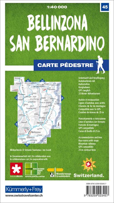 Carte de randonnée n° 45 - Bellinzona, San Bernardino (Suisse) | Kümmerly & Frey-1/40 000 carte pliée Kümmerly & Frey 