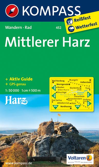 Carte de randonnée n° 452 - Harz Mittlerer + Aktiv Guide (Allemagne) | Kompass carte pliée Kompass 