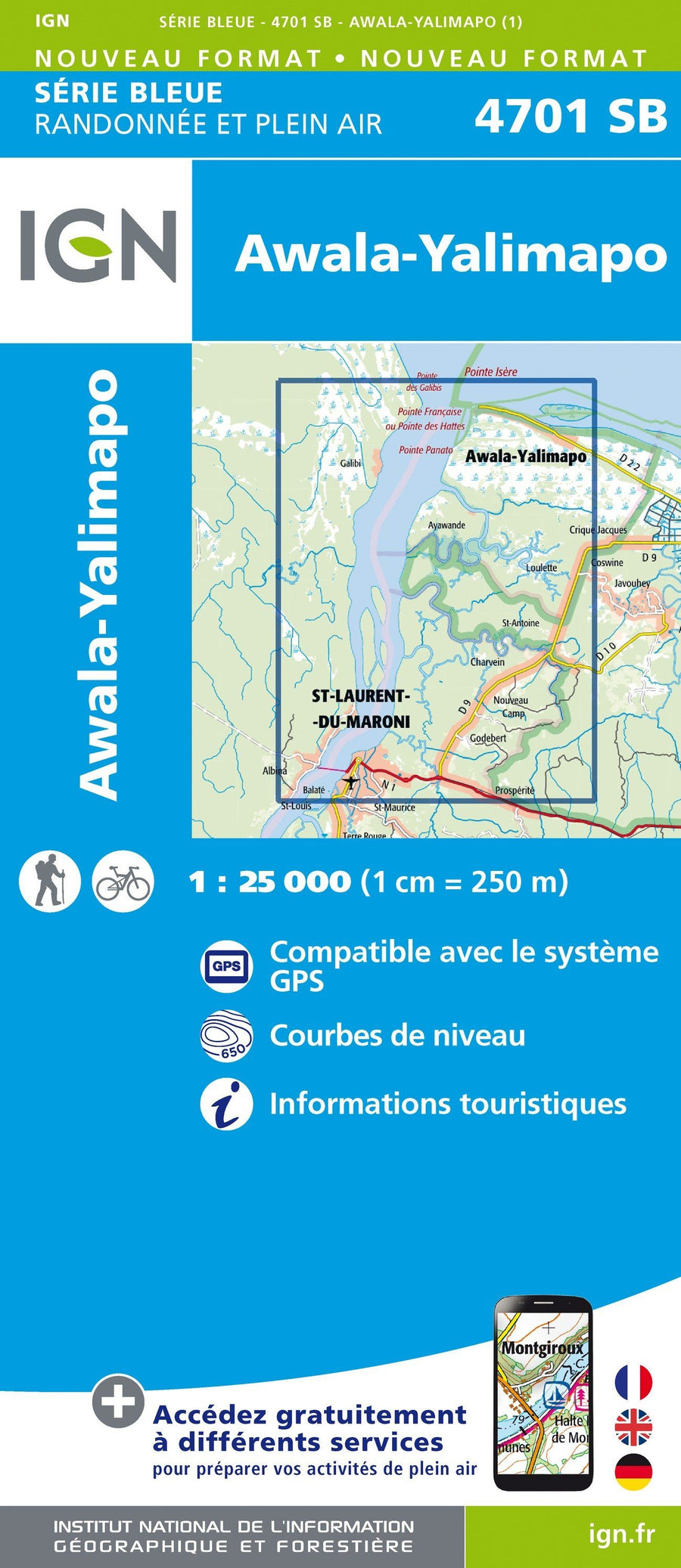 Carte de randonnée n° 4701 - Awala-Yalimapo (Guyane) | IGN - Série Bleue carte pliée IGN 