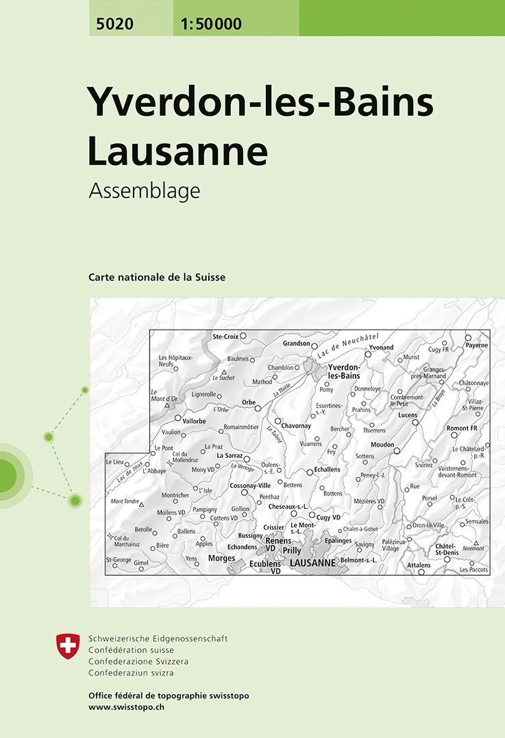 Carte de randonnée n° 5020 - Yverdon les Bains, Lausanne (Suisse) | Swisstopo - 1/50 000 carte pliée Swisstopo 