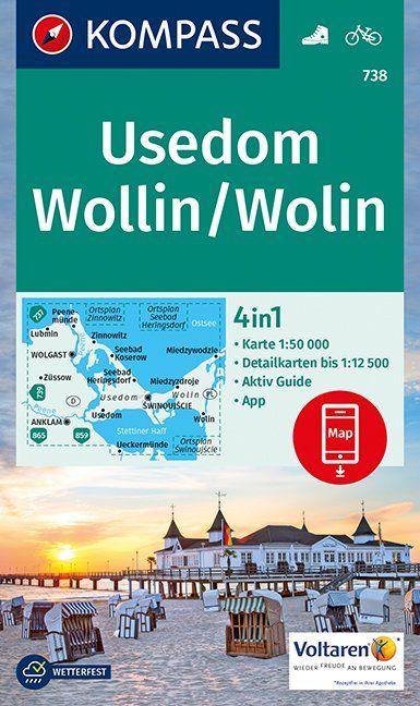 Carte de randonnée n° 738 - Insel Usedom Wollin/Wolin + Aktiv Guide (Allemagne) | Kompass carte pliée Kompass 