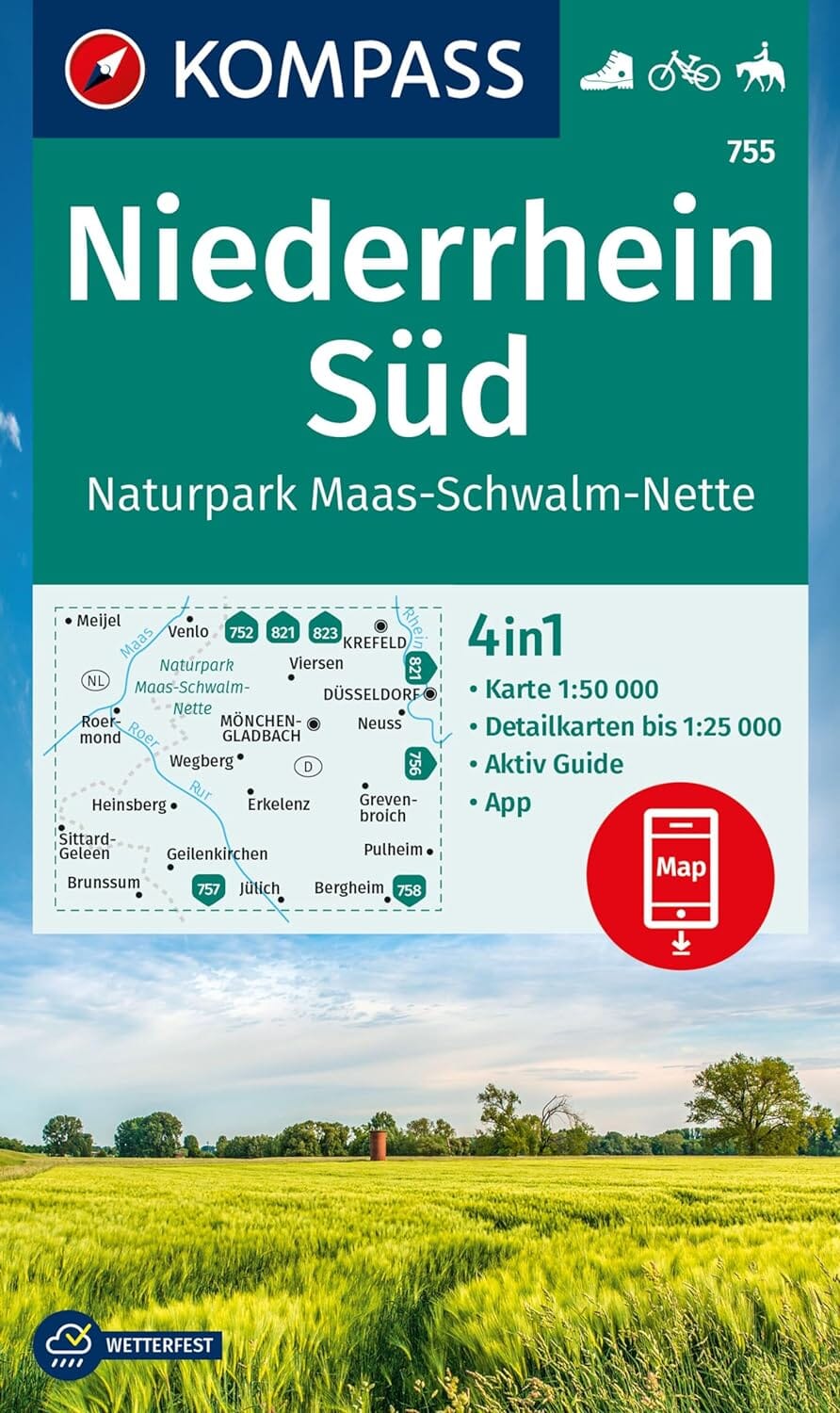 Carte de randonnée n° 755 - Niederhein Sud, Parc naturel de Maas-Schwalm-Nette (Allemagne) | Kompass carte pliée Kompass 