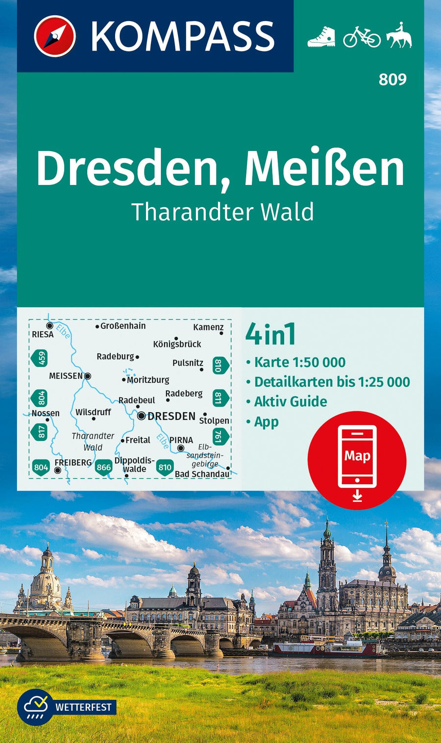 Carte de randonnée n° 809 - Dresde, Meißen, forêt de Tharandt (Allemagne) | Kompass carte pliée Kompass 