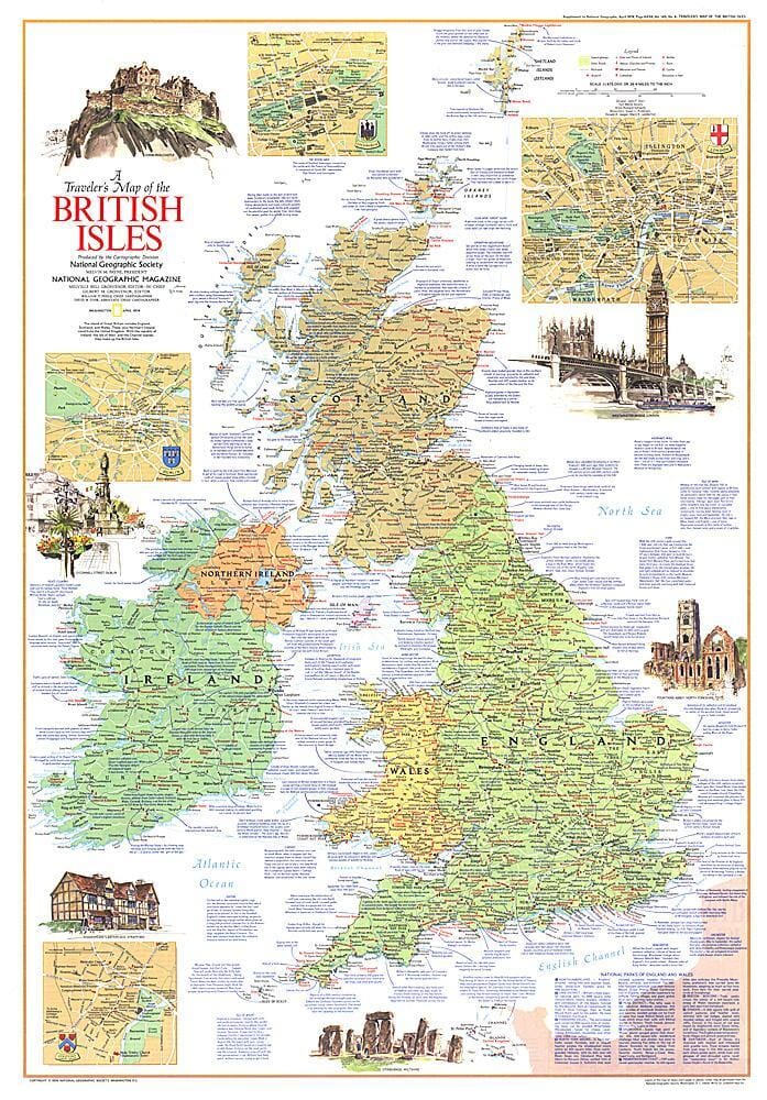 1974 Travelers Map of the British Isles Wall Map 