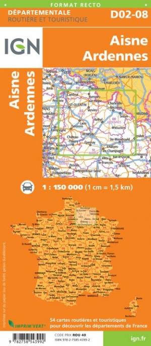 Carte départementale D02-08 - Aisne & Ardennes - VERSION MURALE ET PLASTIFIEE | IGN carte murale grand tube IGN 