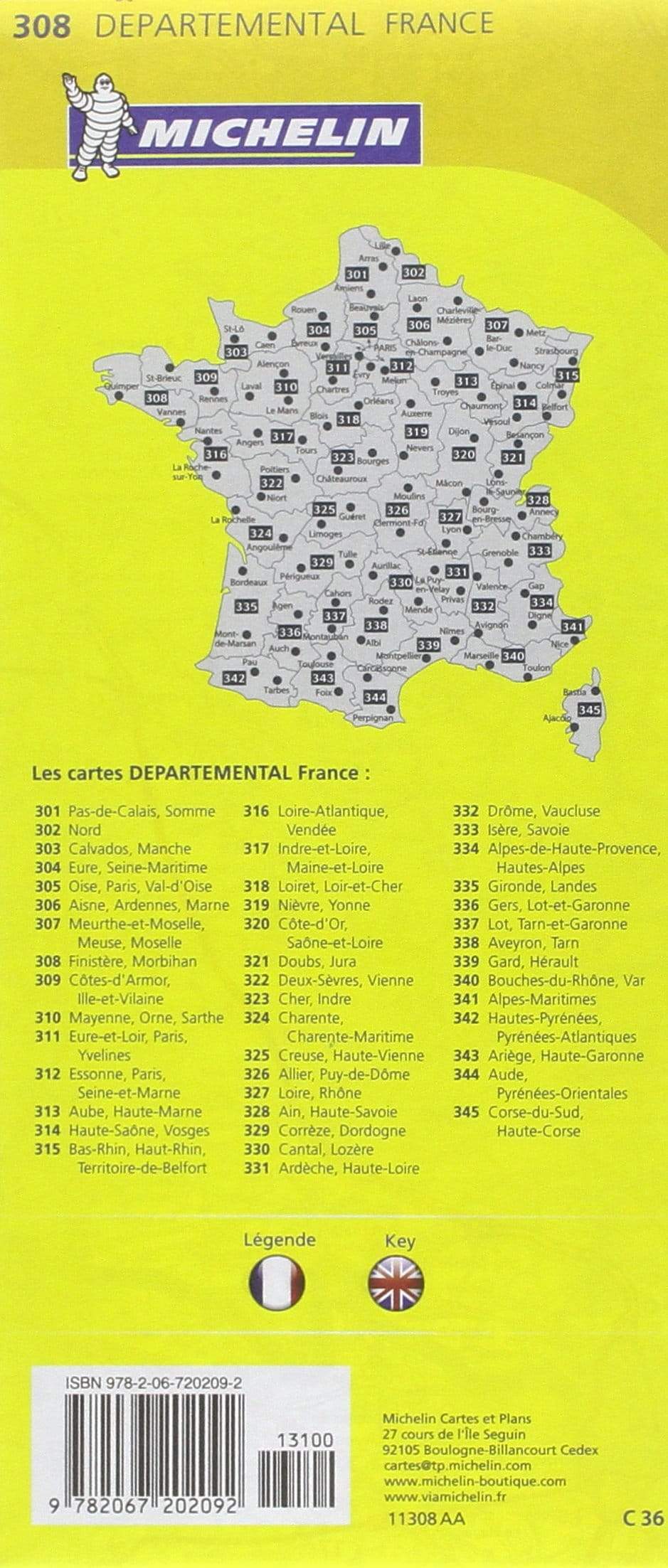 Carte départementale n° 308 - Finistère & Morbihan | Michelin carte pliée Michelin 