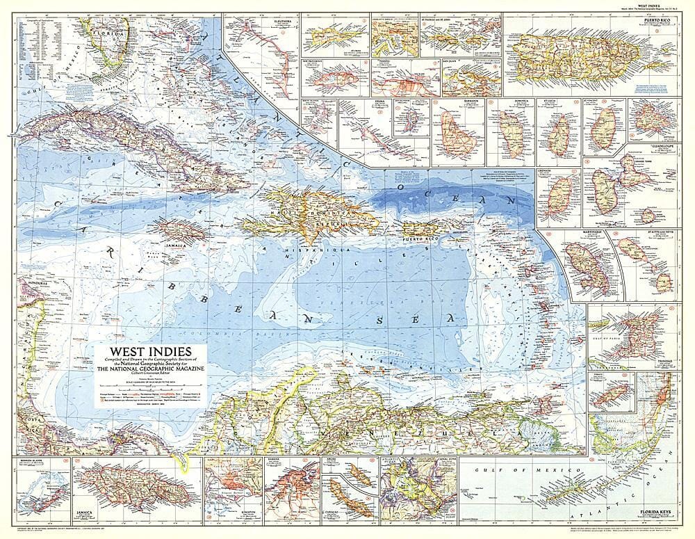1954 West Indies Map Wall Map 