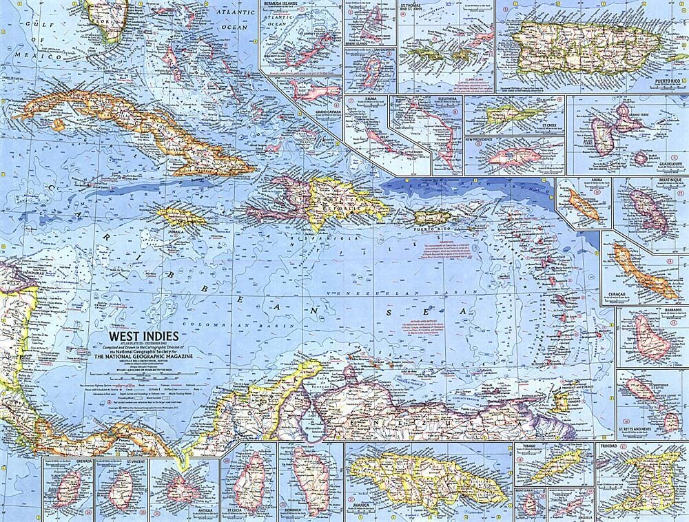 1962 West Indies Map Wall Map 