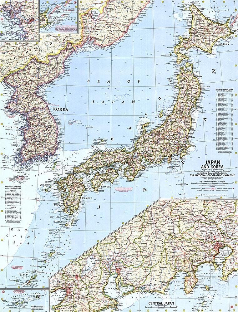 1960 Japan and Korea Map Wall Map 