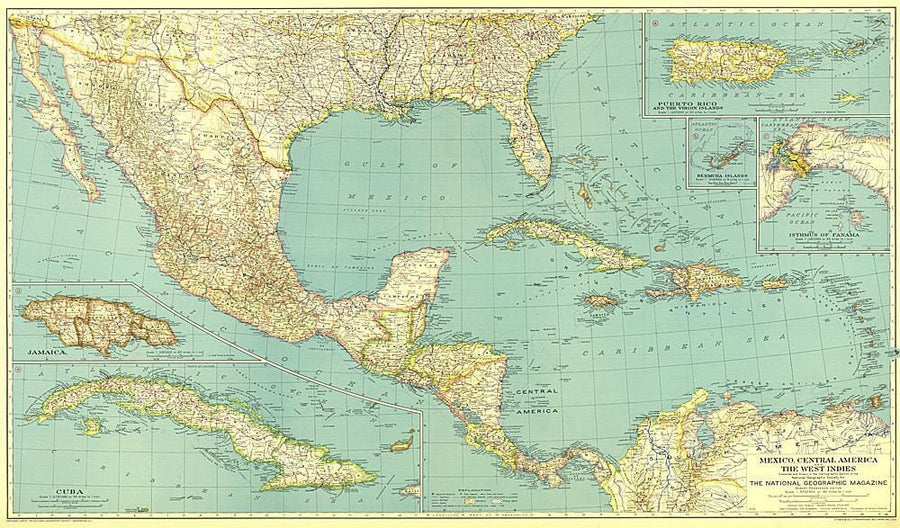 1934 Mexico, Central America and the West Indies Map Wall Map 