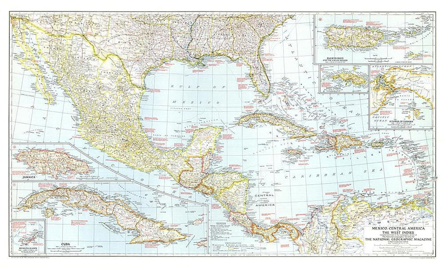 1939 Mexico, Central America and the West Indies Map Wall Map 