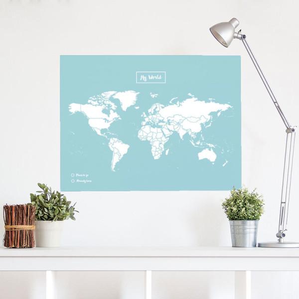 Carte du monde en liège - fond bleu, impression blanc | Miss Wood carte murale grand tube Miss Wood Taille XL (90 x 60 cm) 