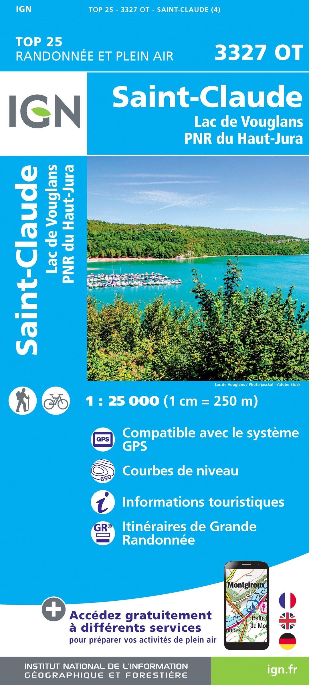 Carte IGN TOP 25 n° 3327 OT - St-Claude & lac de Vouglans (PNR du Haut Jura) carte pliée IGN 