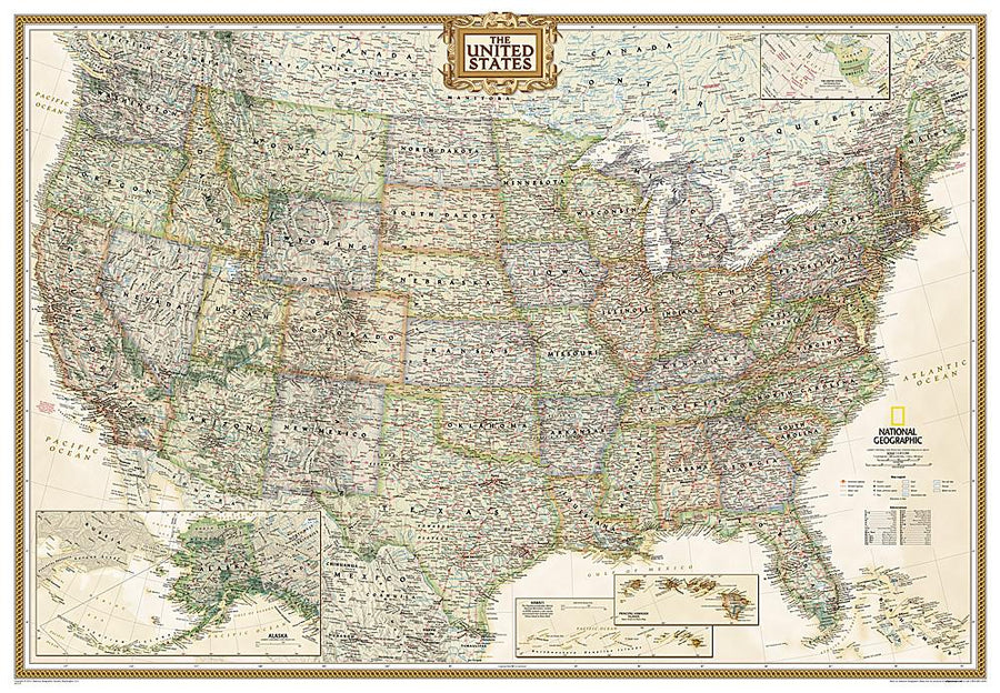 Carte murale (en anglais) - USA politique, style antique, grand format | National Geographic carte murale grand tube National Geographic Plastifiée 