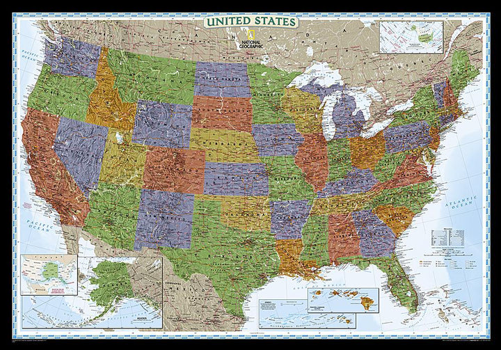 Carte murale (en anglais) - USA politique, style décoratif, format standard | National Geographic carte murale petit tube National Geographic Plastifiée 