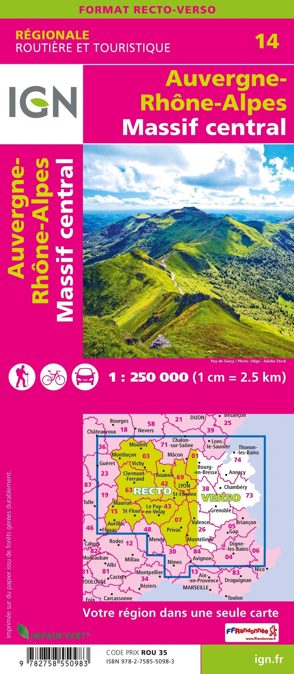 Carte régionale n° 14 : Auvergne - Rhône Alpes (Massif Central) | IGN carte pliée IGN 