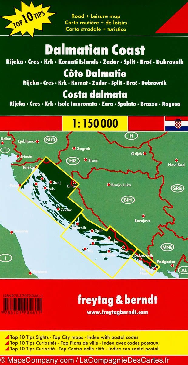 Carte routière - Côte Dalmate (Croatie) : Cres, Zadar, Split, Kornati, Dubrovnik | Freytag & Berndt carte pliée Freytag & Berndt 