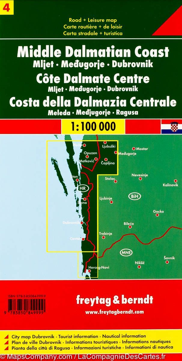 Carte routière - Côte de Dalmatie Centrale n° 4 (Mljet, Medugorge, Dubrovnik) | Freytag & Berndt carte pliée Freytag & Berndt 