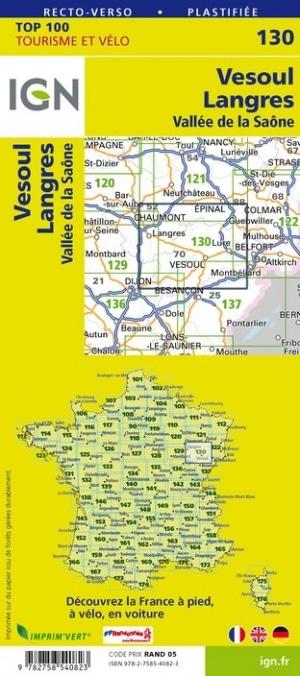 Carte TOP 100 n° 130 - Vesoul, Langres & Vallée de la Saône | IGN carte pliée IGN 