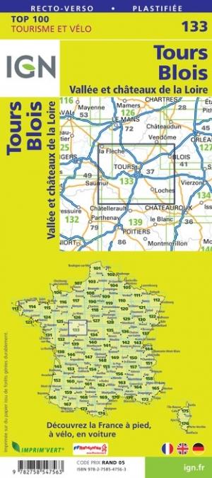 Carte TOP 100 n° 133 - Tours, Blois & Vallée et Châteaux de la Loire | IGN carte pliée IGN 