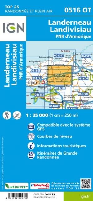 Carte TOP 25 n° 0516 OT - Landerneau, Landivisiau & PNR d'Armorique| IGN carte pliée IGN 