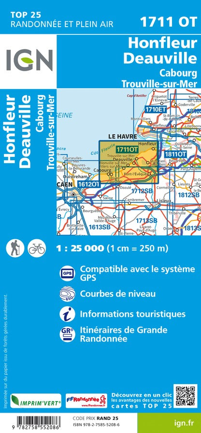 Carte TOP 25 n° 1711 OT - Honfleur, Deauville, Cabourg, Trouville-sur-Mer | IGN carte pliée IGN 