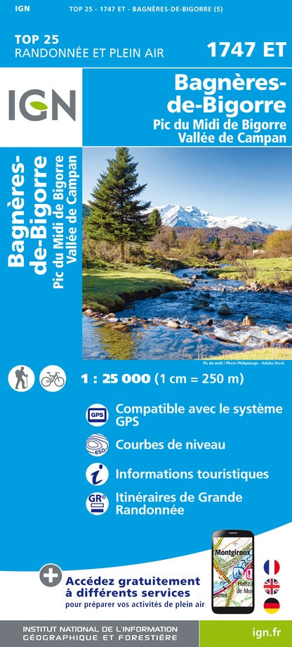 Carte TOP 25 n° 1747 ET - Bagnères de Bigorre, Pic du Midi de Bigorre, Vallée de Campan (Pyrénées) | IGN carte pliée IGN 